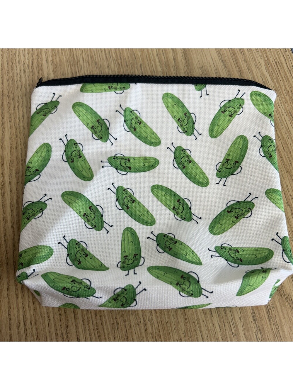 Makeup Bag. Smiling Green Pickles On Beige Background. Zip Close. 8X7. New.